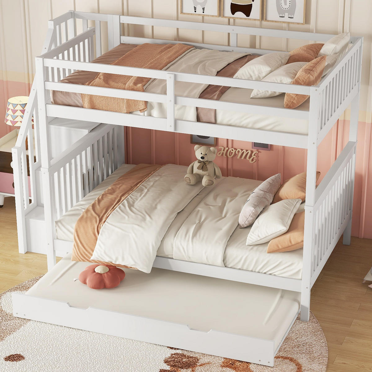 ETAGENBETT aus Kiefer und MDF 140x200 cm Weiß mit Rollbett, Treppenregal und hohen Geländern - Weiß, Holzwerkstoff (140/200cm) - IVMEU
