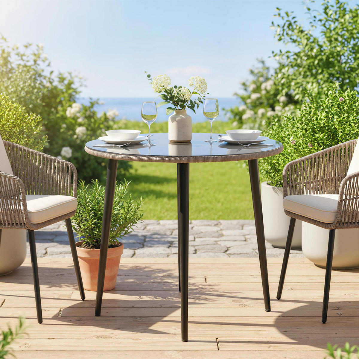 GARTENTISCH DE-07342 mit PE-Rattan-Rand und gehärteter Glasplatte Grau - Grau, Glas/Metall (80/80/74cm) - ComfortXL