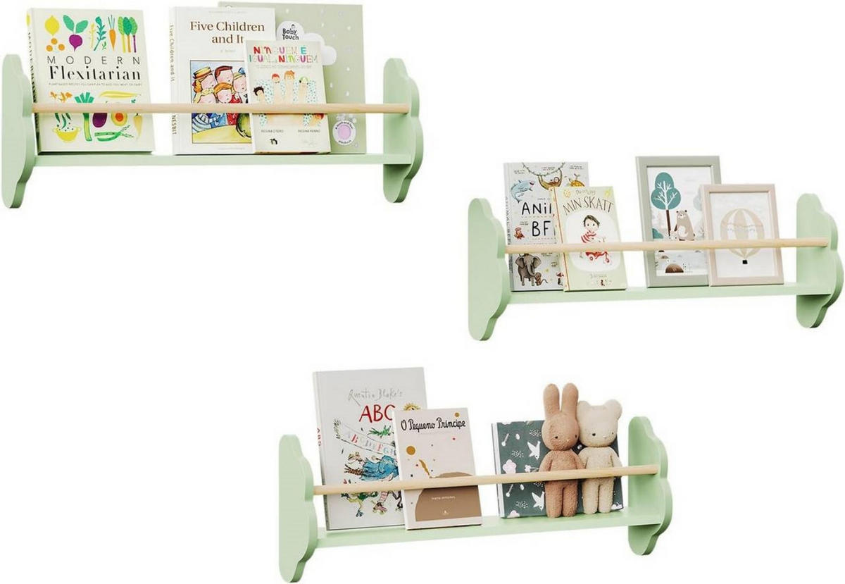KINDER-WANDREGAL 3er Set, Kiefernholz, 45 x 12,7 x 23cm, Grün - Grün, Holz/Holzwerkstoff (45/23/12.7cm) - Woltu