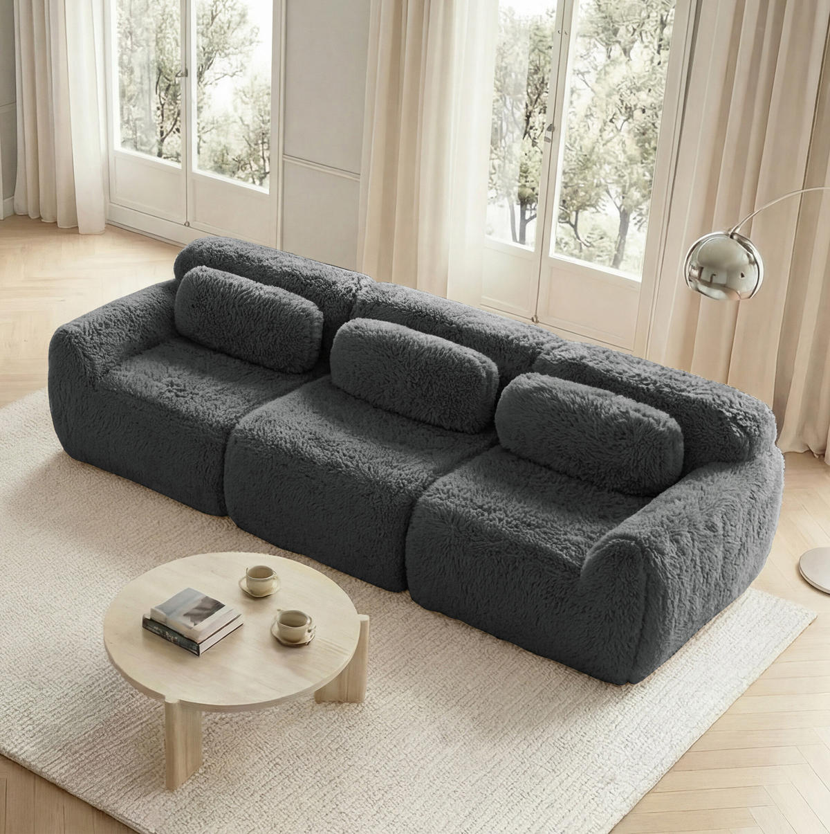 3-SITZER Sofa aus Plüsch mit modularem Design Grau - Grau, Textil (104/73/291cm) - Modenvie
