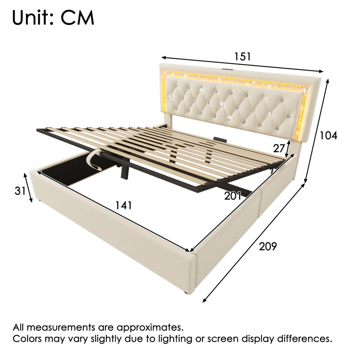 BETT mit LED und Stauraum 140x200 cm Samt Beige inkl. Matratze - Beige, Metall (140/200cm) - Meubliv