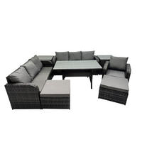 GARTENTISCHGRUPPE mit Beistelltisch,2 Hocker Polyrattan Dunkelgrau 9-Sitzer - Dunkelgrau/Grau, Glas/Kunststoff - Fimous