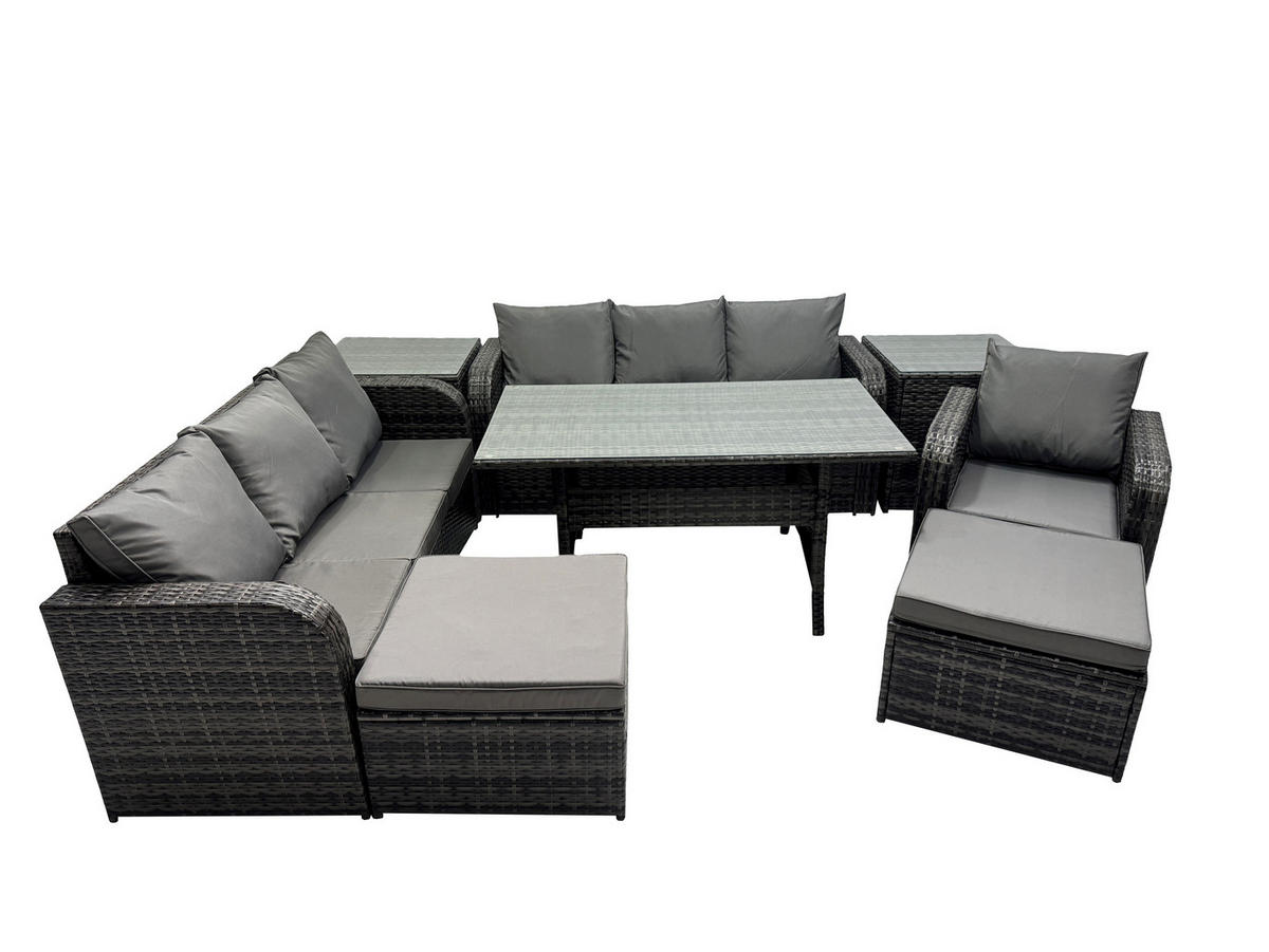 GARTENTISCHGRUPPE mit Beistelltisch,2 Hocker Polyrattan Dunkelgrau 9-Sitzer - Dunkelgrau/Grau, Glas/Kunststoff - Fimous