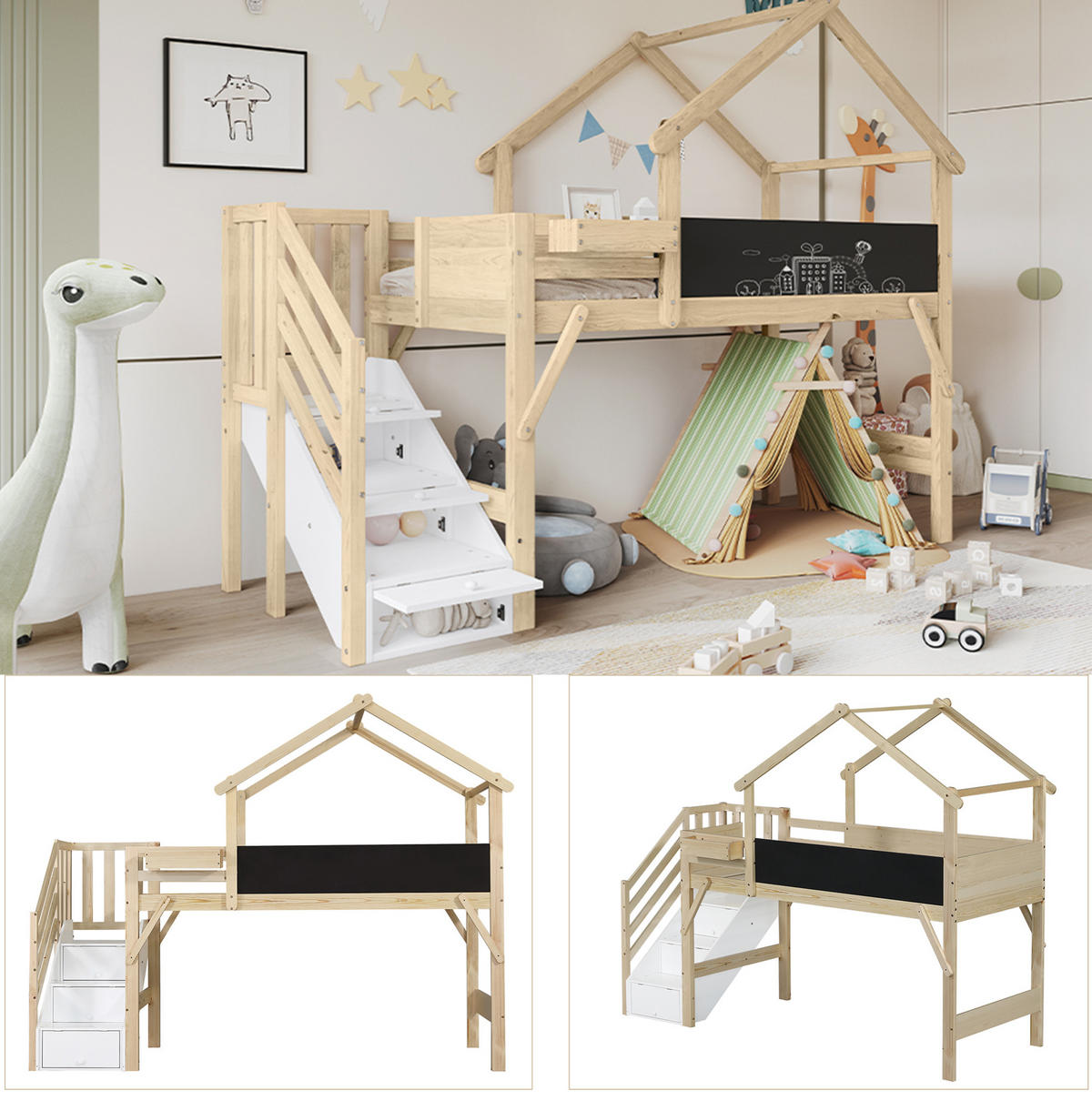 HAUSBETT 90/200 cm Weiß/Natur mit Stauraumtreppe und Tafel - Weiß, Holzwerkstoff (90/200cm) - Flora Grace