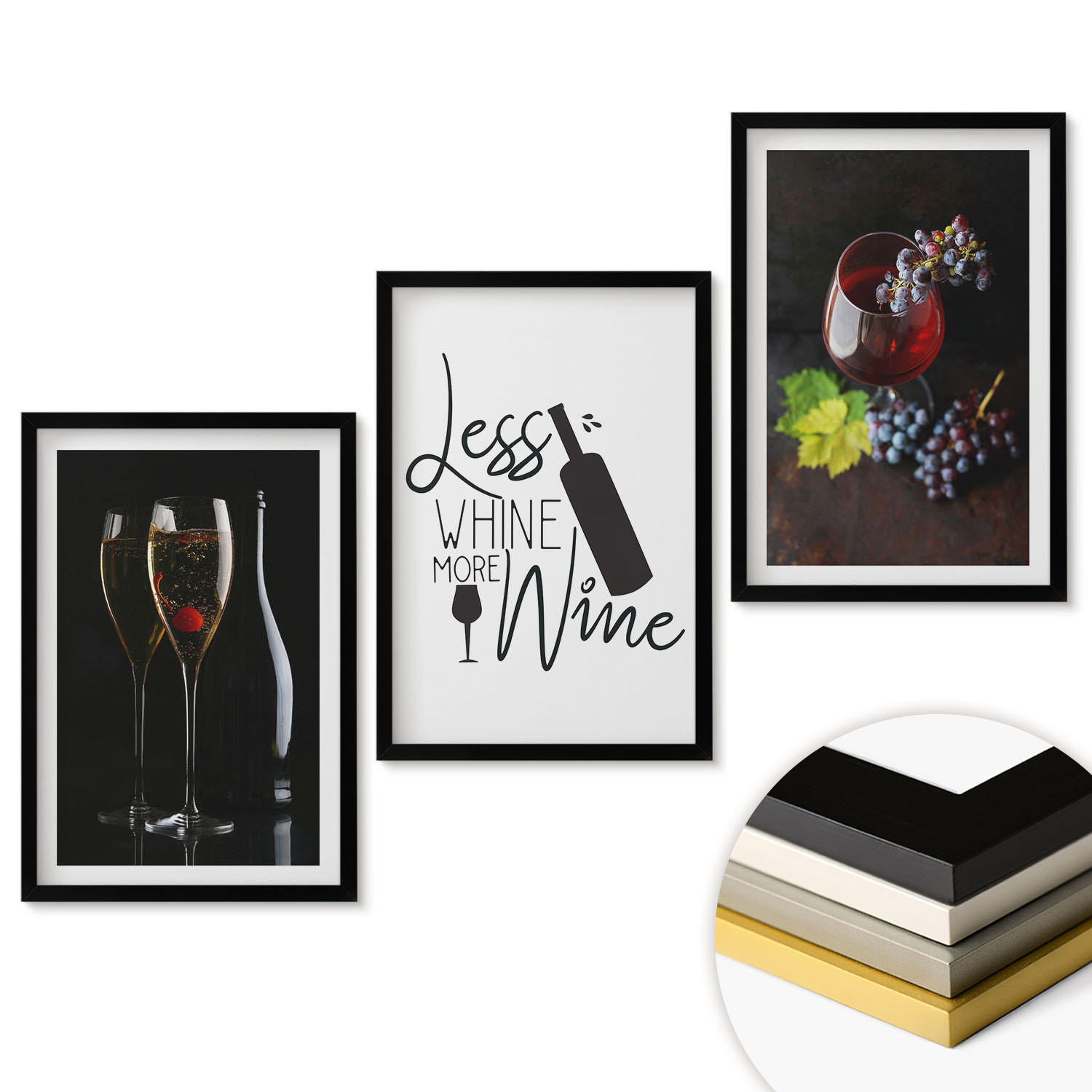 WANDBILDER 3er-Set - 40x60 cm Schwarzer Rahmen - Weingläser mit Trauben und Inschrift - Schwarz, Kunststoff (40/60cm) - ArtPrintCave