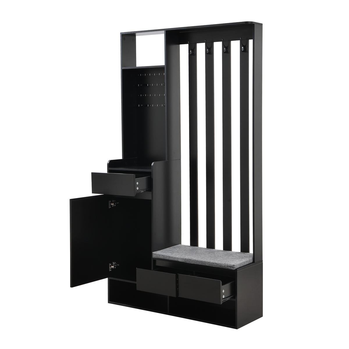 DIELENGARDEROBE mit Sitzbank und 4 Haken in Schwarz, 100/35/180 cm - Schwarz, Holzwerkstoff (100/180/35cm) - BEAOK