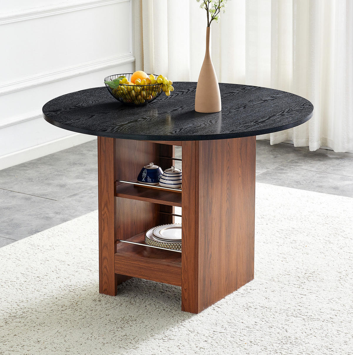 ESSTISCH 100/100/76 cm mit Stauraumregal und MDF-Tischplatte, Walnuss/Schwarz - Schwarz, Holzwerkstoff (100/100/76cm) - Redom