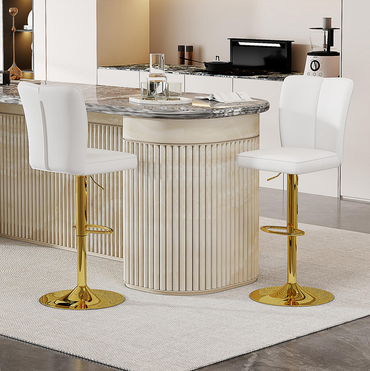 BARHOCKER 2er-Set höhenverstellbar drehbar Weiß Gold - Weiß, Metall (44/117.5/44.5cm) - Meubliv