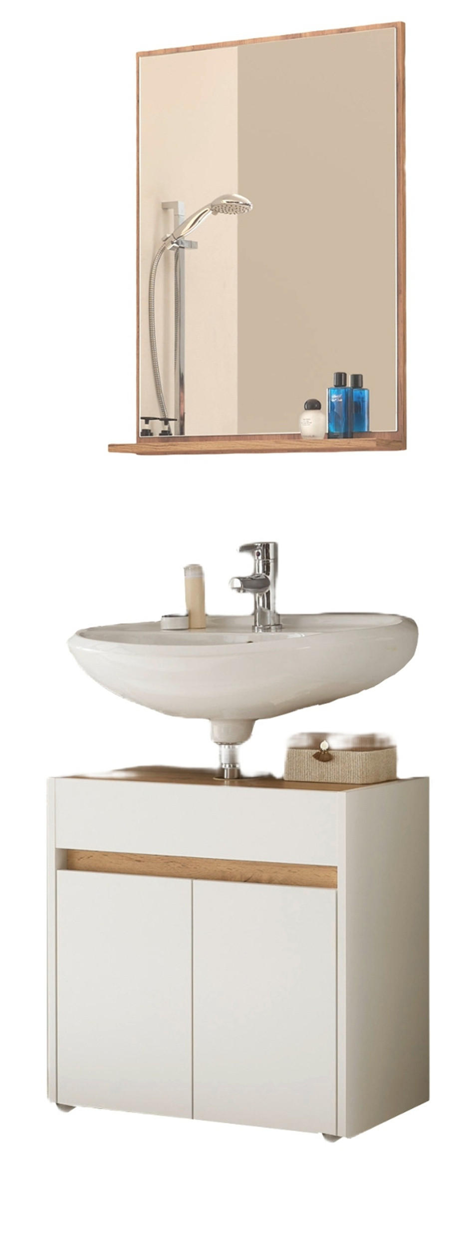 BADMÖBEL-SET 2-teilig weiß, Wotan Eiche, Badkombination 60 cm - Silberfarben/Eiche Wotan, Glas/Holz (61/200/34cm) - Furn.Design
