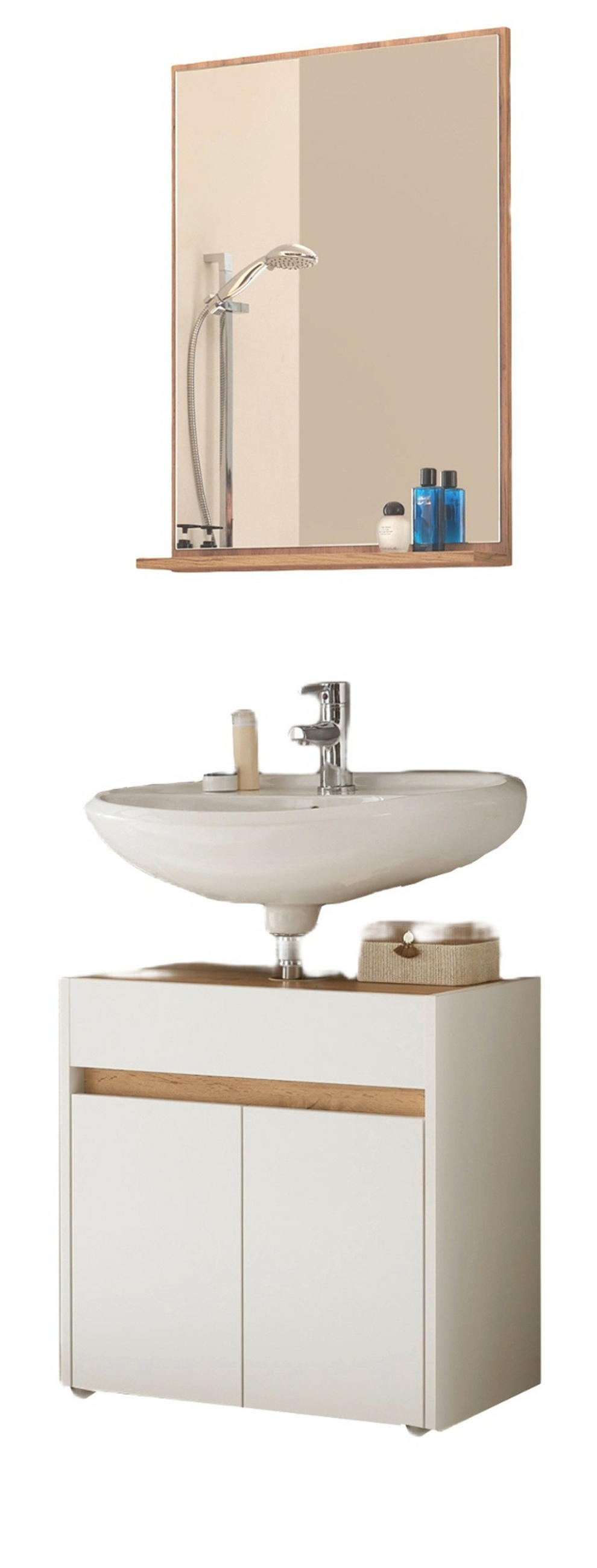 BADMÖBEL-SET 2-teilig weiß, Wotan Eiche, Badkombination 60 cm - Silberfarben/Eiche Wotan, Glas/Holz (61/200/34cm) - Furn.Design