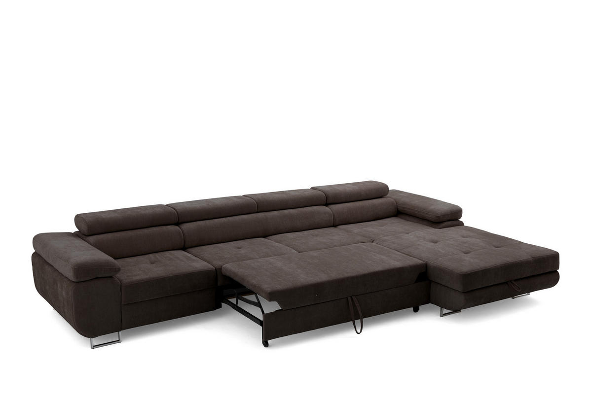 ECKSOFA ALONZO MAXI Rechts mit Schlaffunktion 125x195 Chenille Dunkelbraun - Chromfarben/Dunkelbraun, Holz/Textil (203/350cm) - Muffo