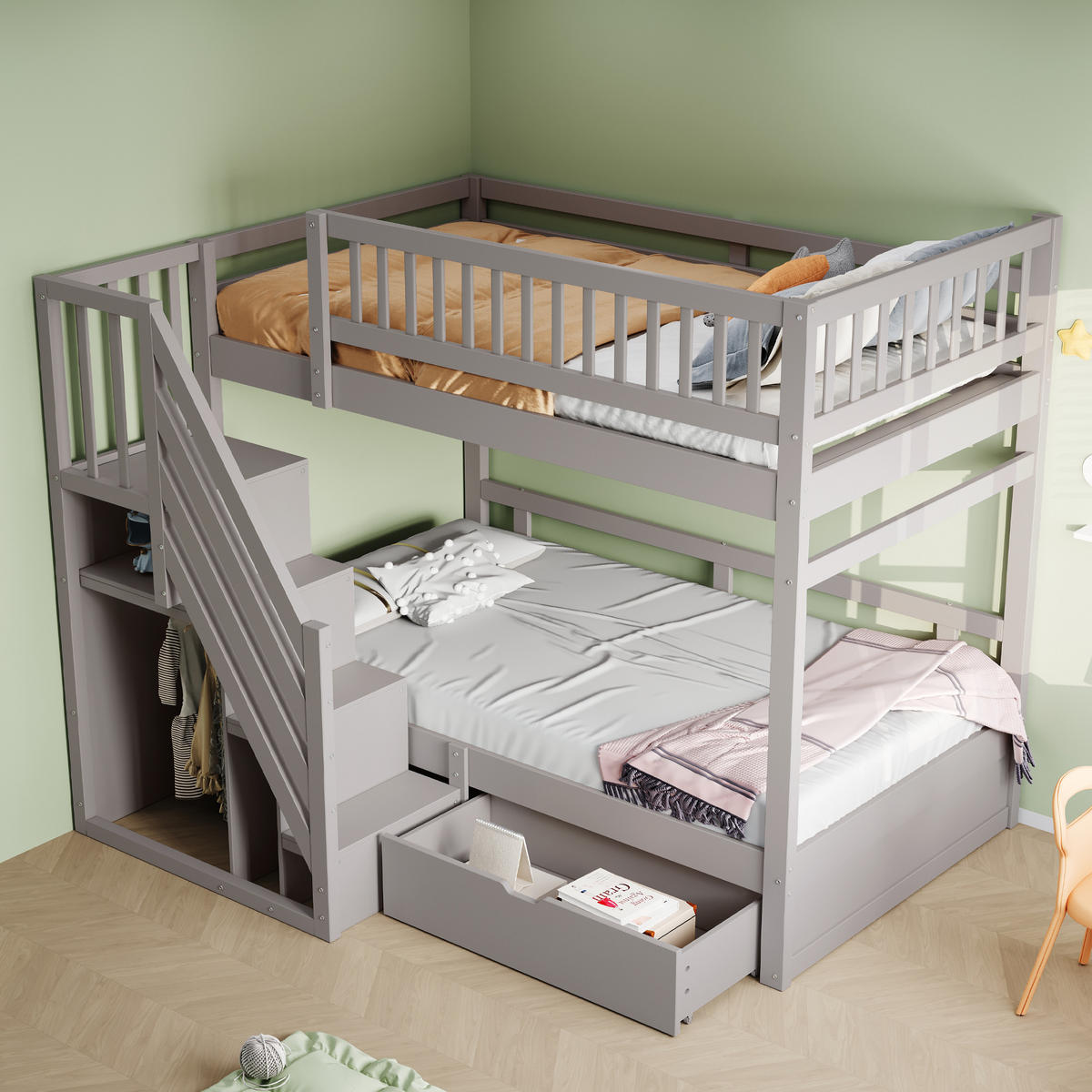 ETAGENBETT Massivholz 90x200 cm mit Sicherheitsleiter, Grau - Grau, Holz (90/200cm) - ComfortXL