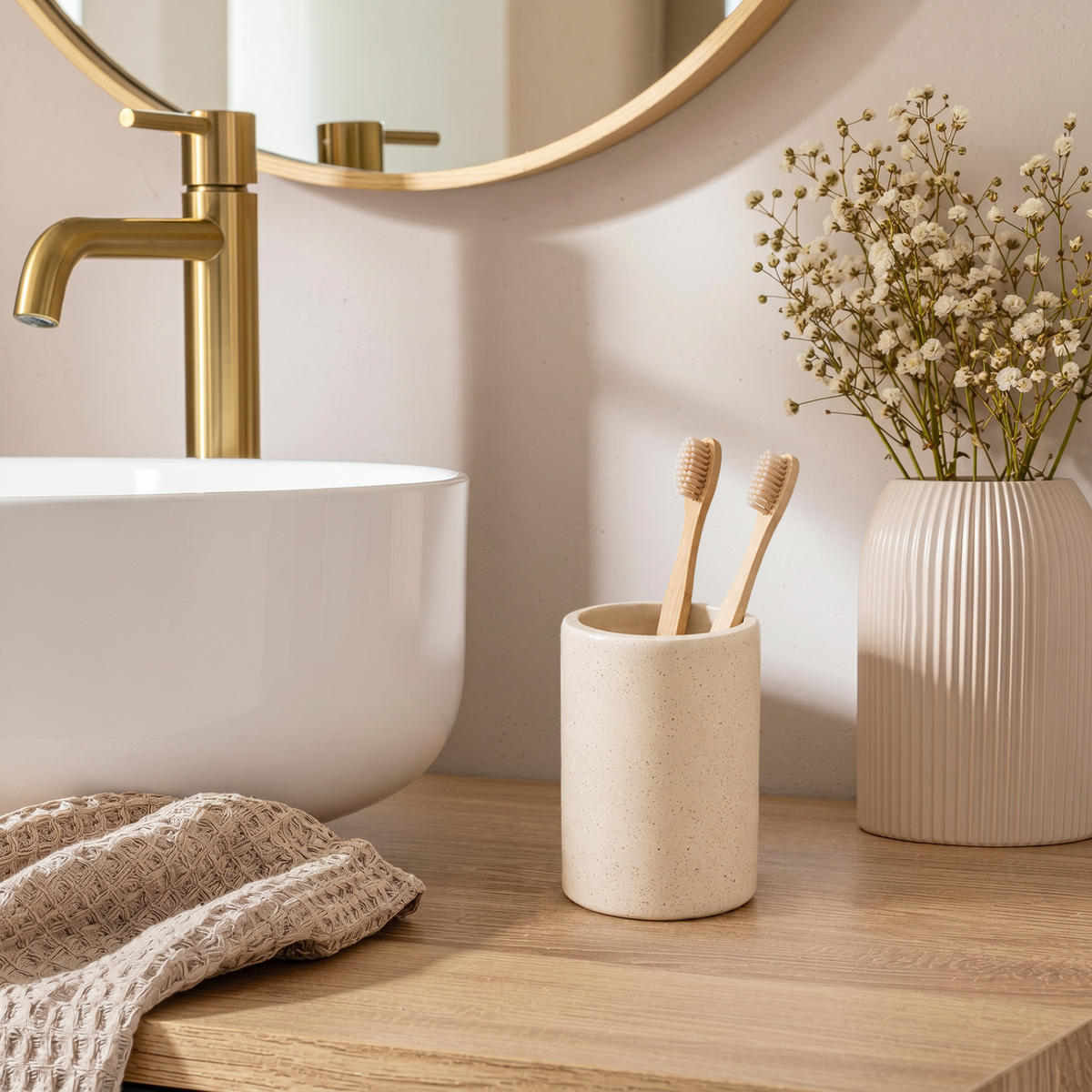 ZAHNPUTZBECHER Oria Ø 7 cm, 10 cm - Beige, Kunststoff (7/10/7cm) - Douceur d´intérieur