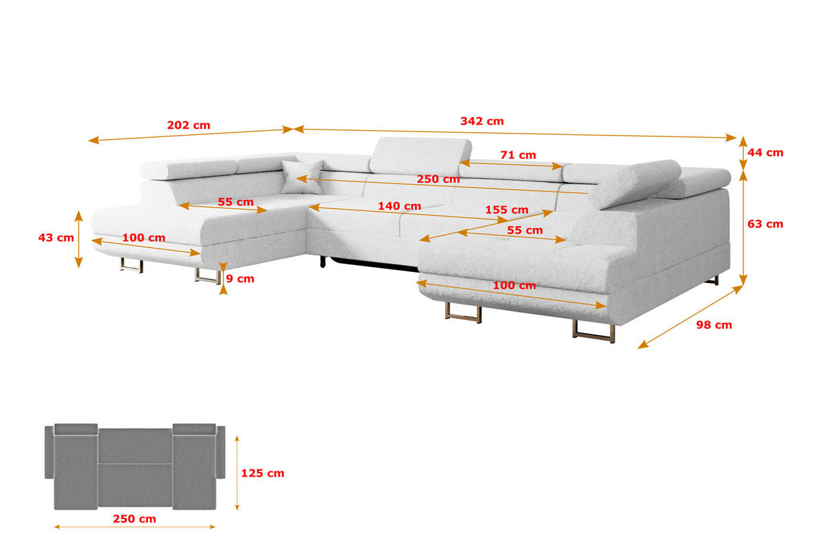 WOHNLANDSCHAFT mit Schlaffunktion und Bettkasten GUSA-U 342x202x107 cm Weiß Bouclé - Silberfarben/Weiß, Holzwerkstoff/Textil (342/107/202cm) - ALTDECOR