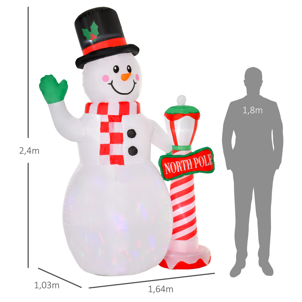NAFUKOVACÍ vánoční dekorace 2,4 m sněhulák s LED osvětlením zahradní dekorace - bílá, plast (103/240/164cm) - HOMCOM