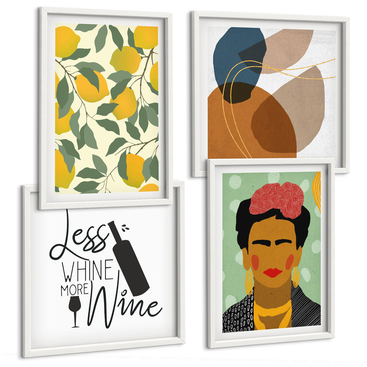 BILDER SET 4er Set - 50x50 cm & 40x60 cm Weißer Rahmen - Zitronenweinporträt von Frida - Weiß, Kunststoff (50/50cm) - TULUP
