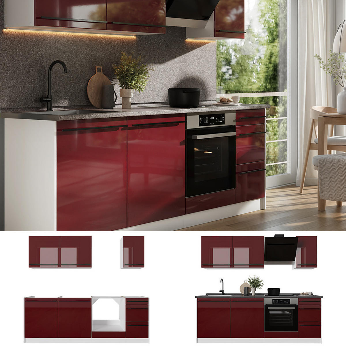 KÜCHENZEILE R-Line, Rot Hochglanz/Weiß, 220 cm Arbeitsplatte Goldkraft Eiche - Rot/Weiß, Holzwerkstoff (220/81.6/60cm) - Vicco