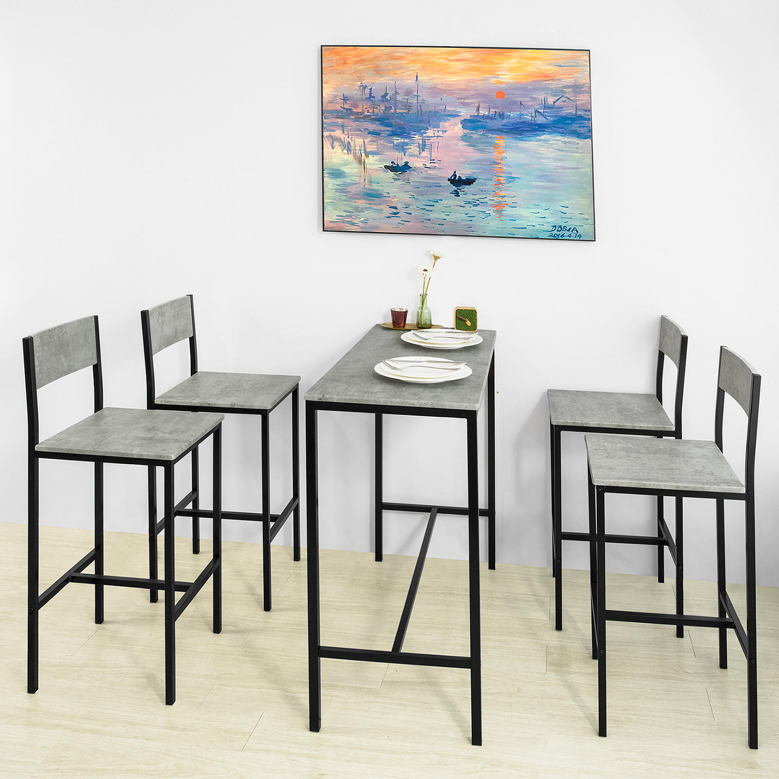 BARTISCH + 4 x BARSTÜHLE - Grau, Holzwerkstoff (100/87/45cm) - SoBuy