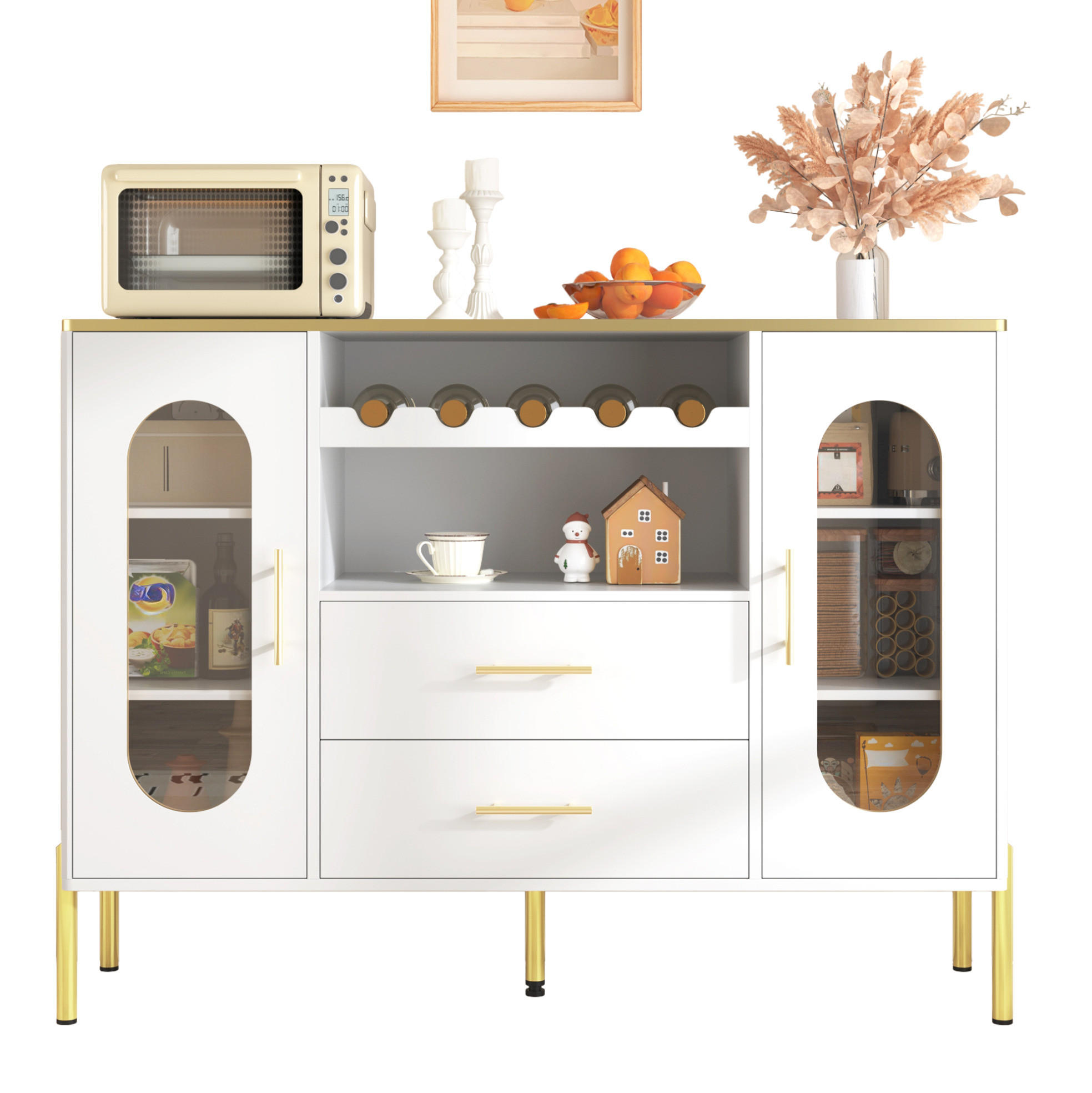 SIDEBOARD 120/38/90 cm mit Glastüren, Schubladen & Weinregal in Weiß - Weiß, Holzwerkstoff (120/90/38cm) - BEAOK