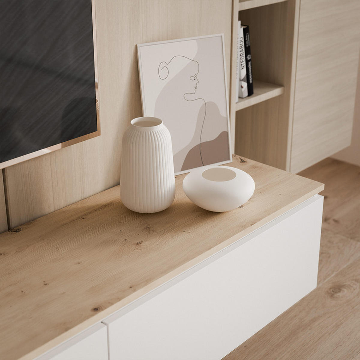 TV-LOWBOARD SELIA hängend 200 cm Weiß / Handgefertigte Eiche - Weiß, Holzwerkstoff (200/28.5/35cm) - Idohome