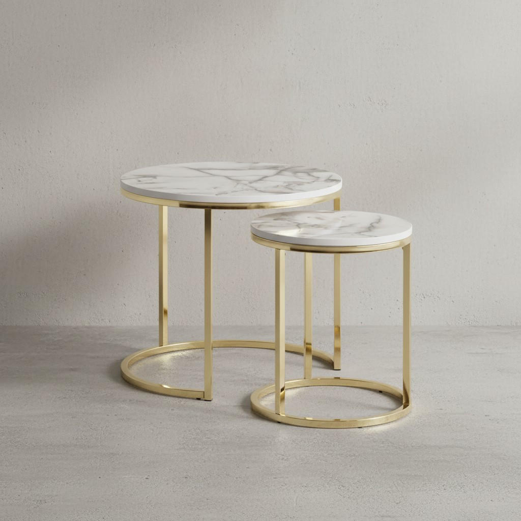 BEISTELLTISCH 2er Set Marmoroptik Metall Modern, Weiß 50x50x45 cm - Goldfarben/Weiß, Holz/Metall (50/50/45cm) - KADIMA DESIGN