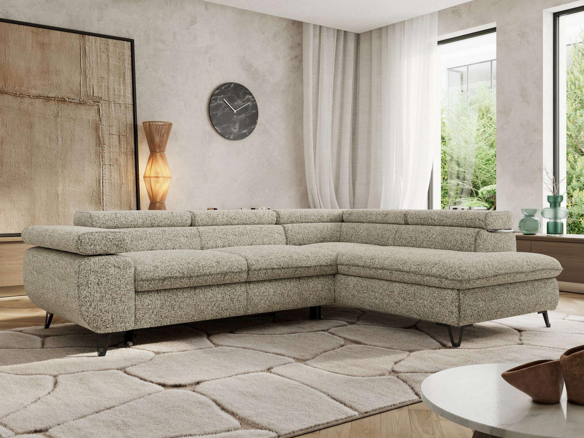 ECKSOFA PABLO L Beige Struktur - Rechts Seite mit Visco Topper - Beige/Schwarz, Textil/Metall (273/208cm) - MKS