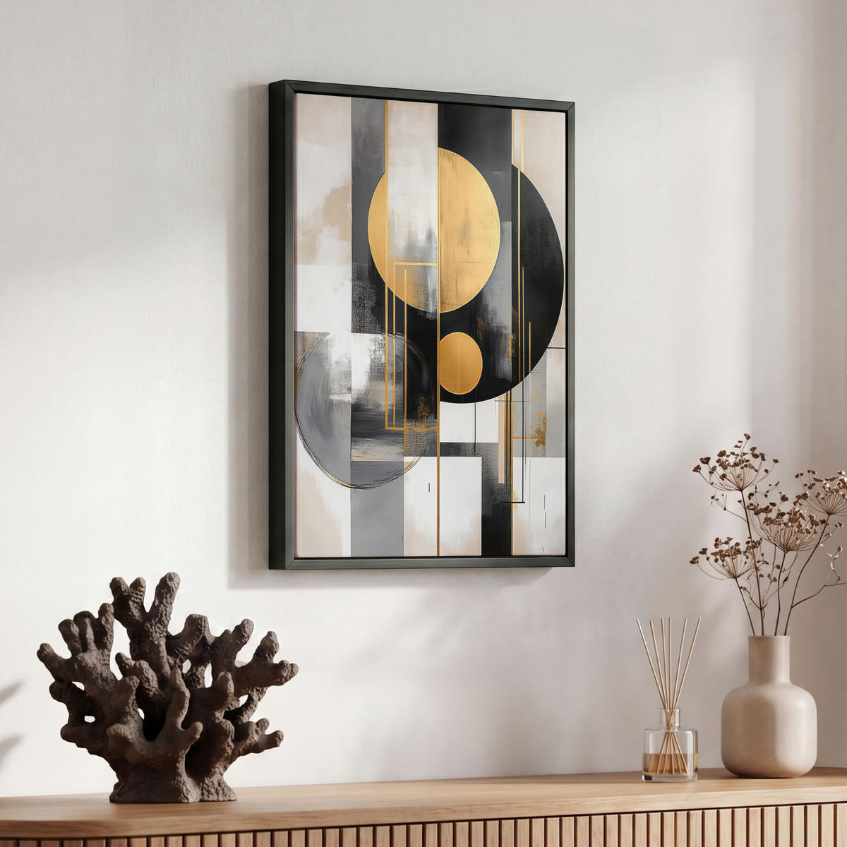 LEINWAND Bilder mit Rahmen - Abstrakt - Gold - Silber - Formen - Ästhetisch - Modern - 30x40 - Goldfarben, Textil (30/40cm) - MuchoWow