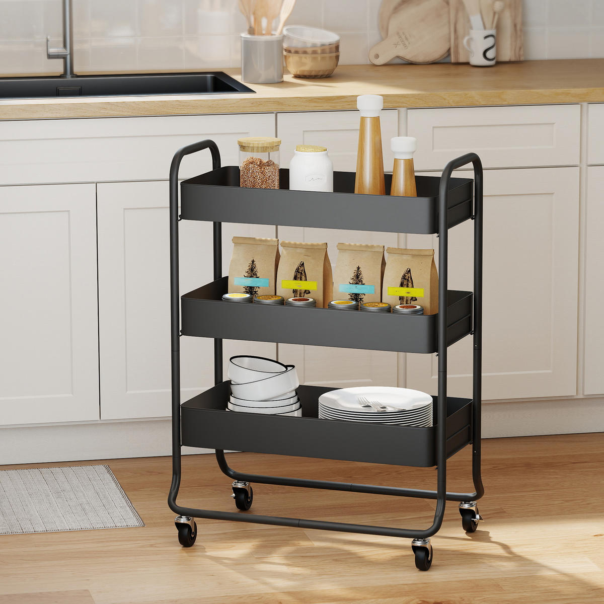 KÜCHENWAGEN Rollwagen mit 3 Ebenen Servierwagen mit Körbe Griff, Küchenregal - Schwarz, Metall (34/87/64.5cm) - HOMCOM