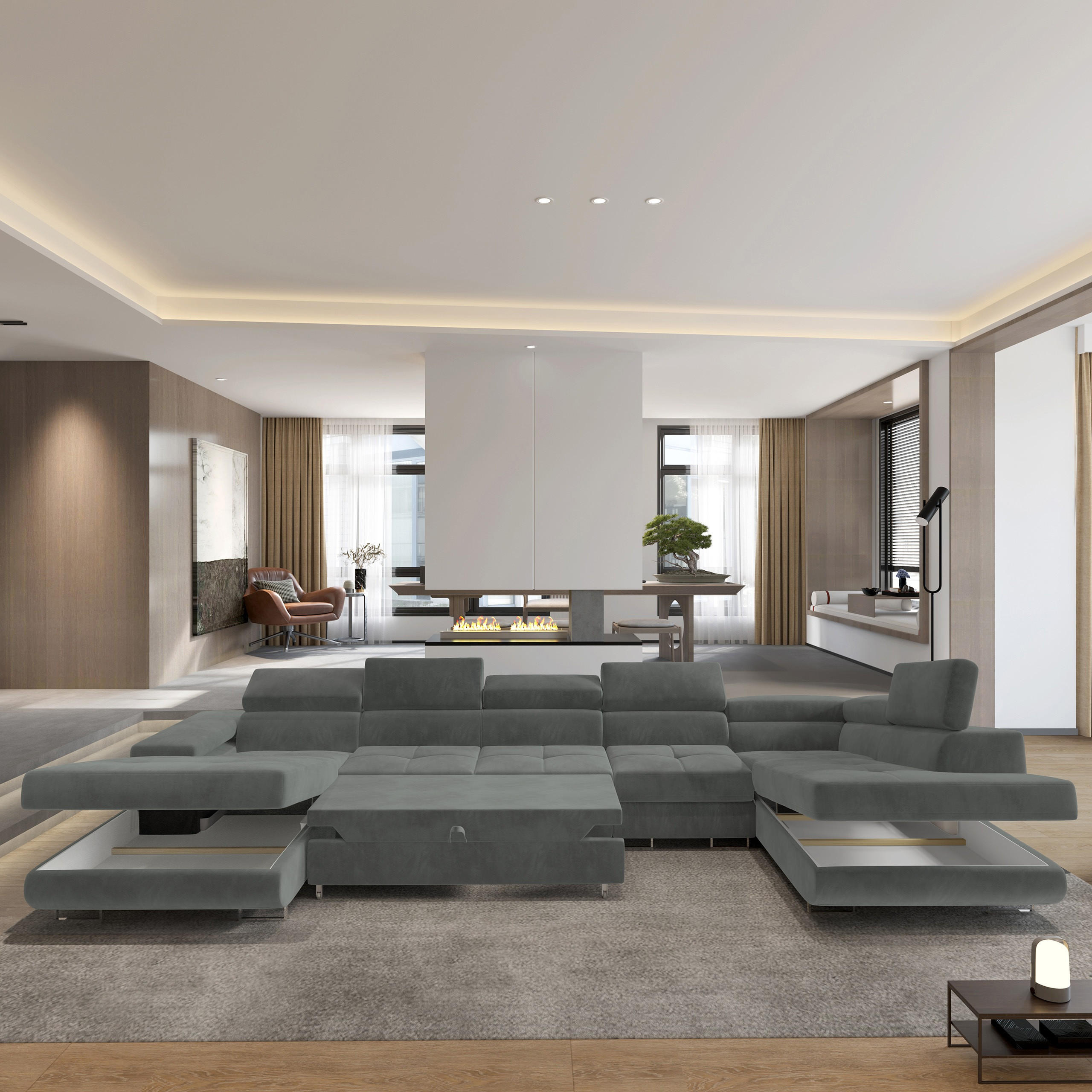 Thumbnail - Masseno Wohnlandschaft, Grau, Holz, 6-Sitzer, U-Form, 419x90x202 cm, Wohnzimmer, Sofas & Couches, Wohnlandschaften, Wohn...