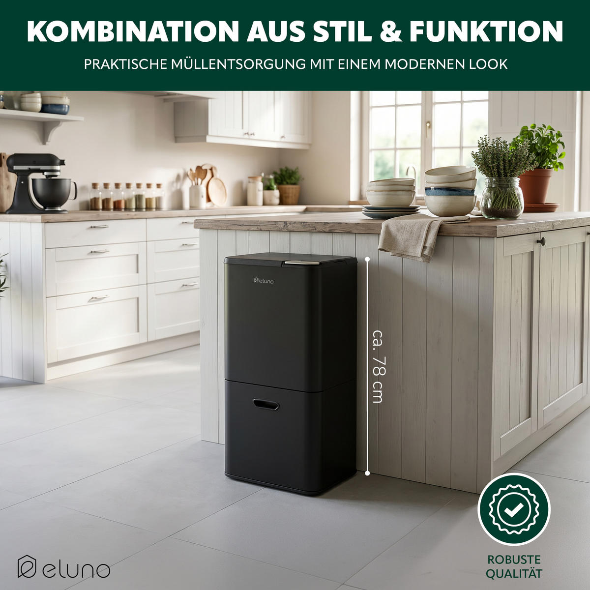 ABFALLEIMER, 58 Liter, aus Metall, schwarz - Schwarz, Metall (40.5/78/31cm) - eluno