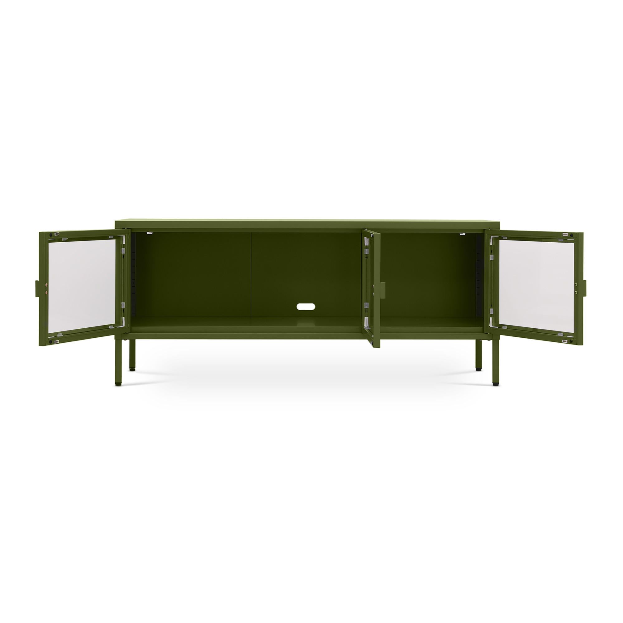 TV-STÄNDER Metall industriell EZRA, 130 cm, 3 Türen, Olivgrün und Sicherheitsglas - Olivgrün, Metall (130/55/40cm) - Sicaan