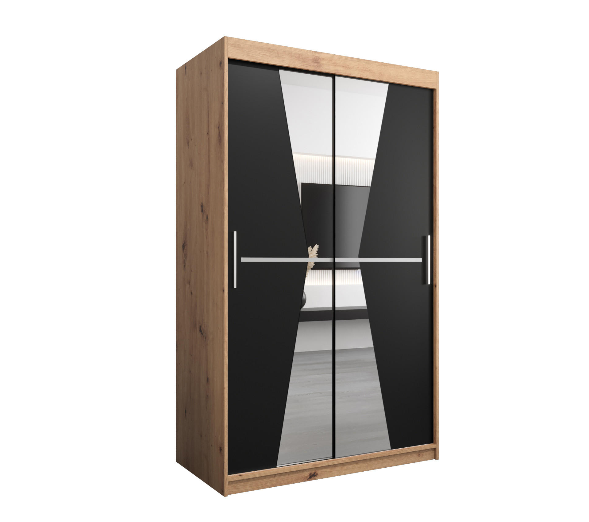 Abiks Möbel SCHWEBETÜRENSCHRANK Eiche Artisan, Schwarz 120cm × 62cm × 200cm