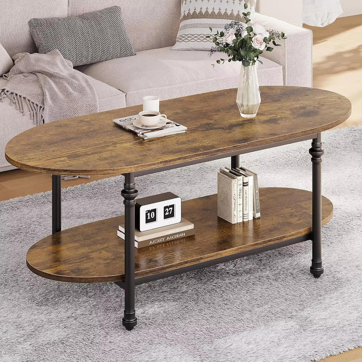 COUCHTISCH oval niedrig 2 Ebenen Mid Century Retro Design - Braun, Holz (119/54/43cm) - Kaket