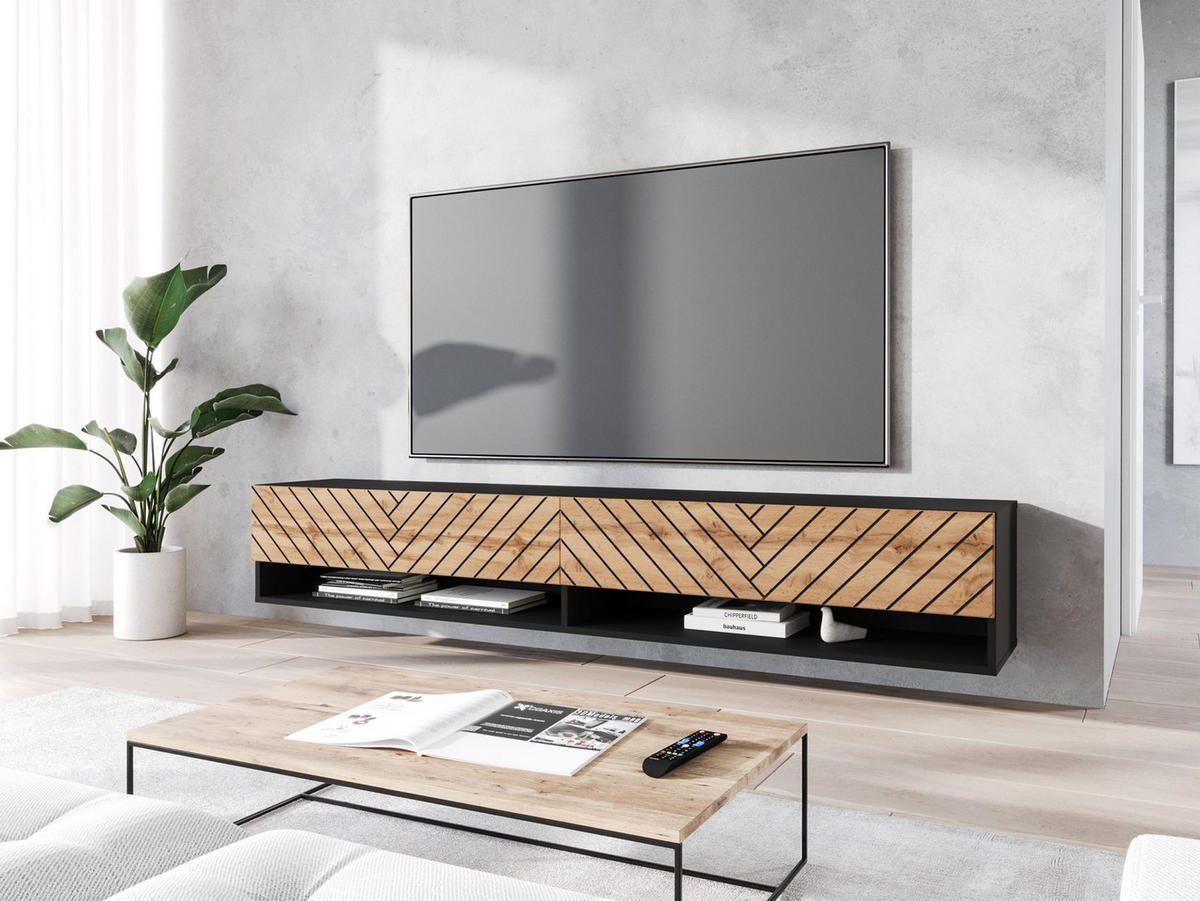 TV-MÖBEL Wander Schwarz-Grafit / Wotan-Eiche mit Fischgrätmuster 180 cm - Schwarz, Holzwerkstoff (180/30/31cm) - Selsey