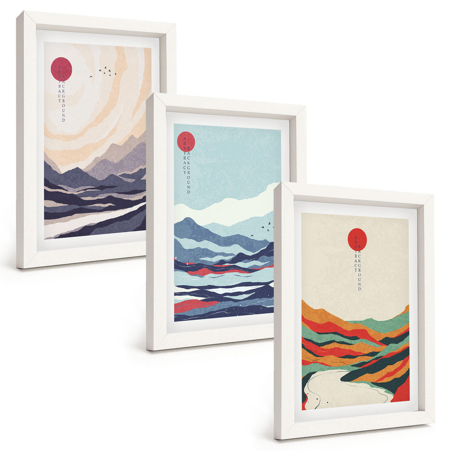 BILDER SET 3er Set - 20x30 cm Weißer Rahmen - Japanische Bergabstraktionen - Weiß, Kunststoff (20/30cm) - TULUP