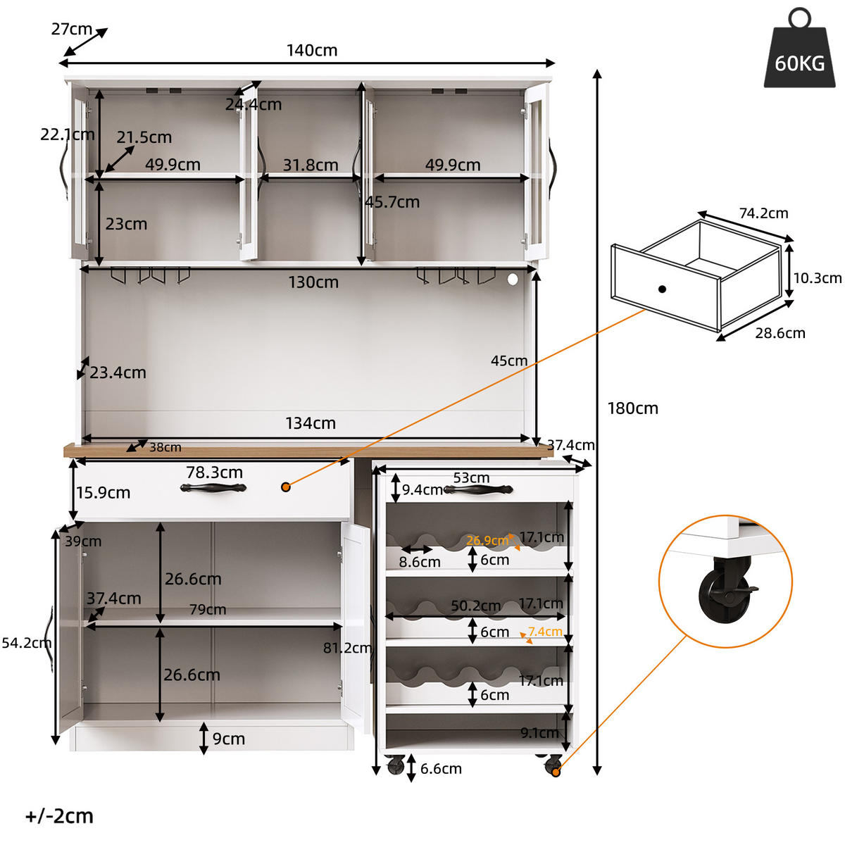 BUFFETSCHRANK Rollwagen Weiß 140/38/180 cm - Weiß, Holz (140/180/38cm) - PANGIVO