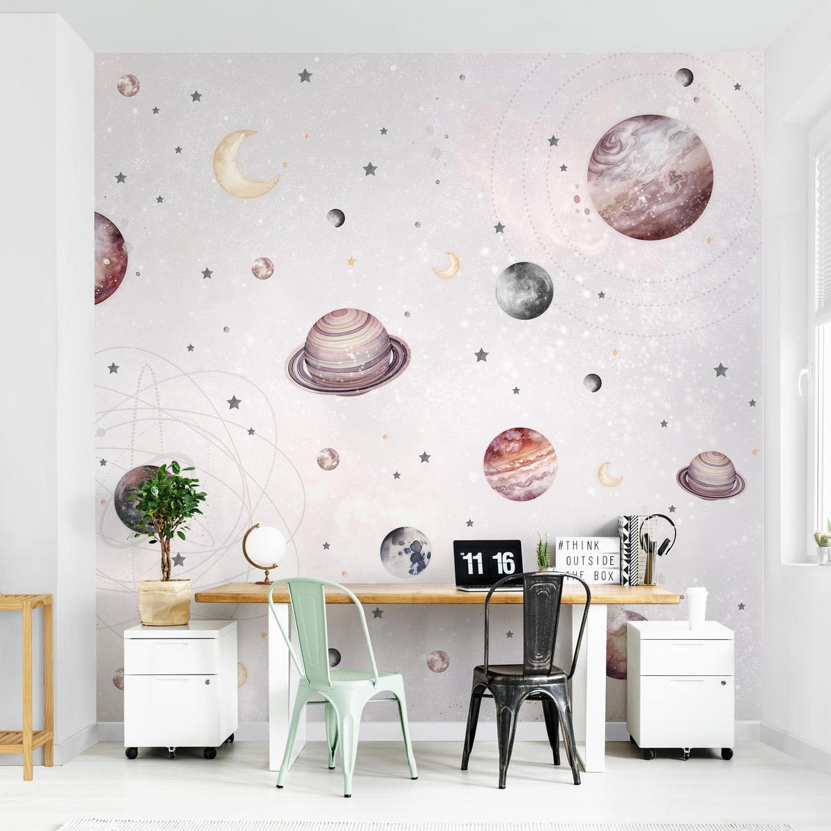 FOTOTAPETE Aquarell Planeten, Mond und Sterne 288/288 cm - Pastellblau, Papier (288/288cm) - Bilderwelten