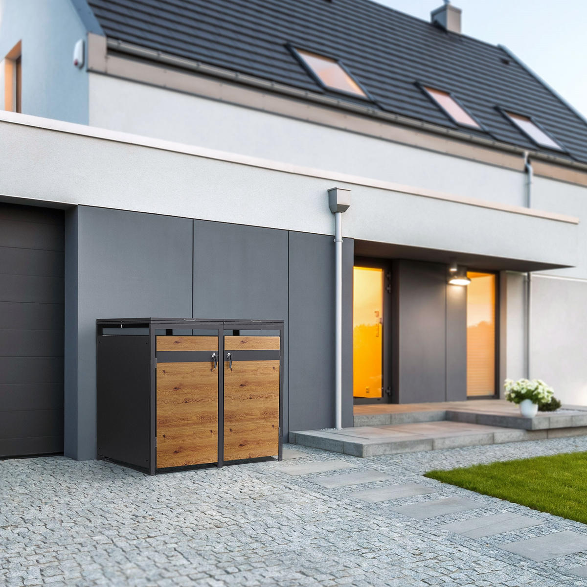 MÜLLTONNENBOX 2er Anthrazit-Eichenoptik - Braun, Metall (132/120/80cm) - ML-DESIGN