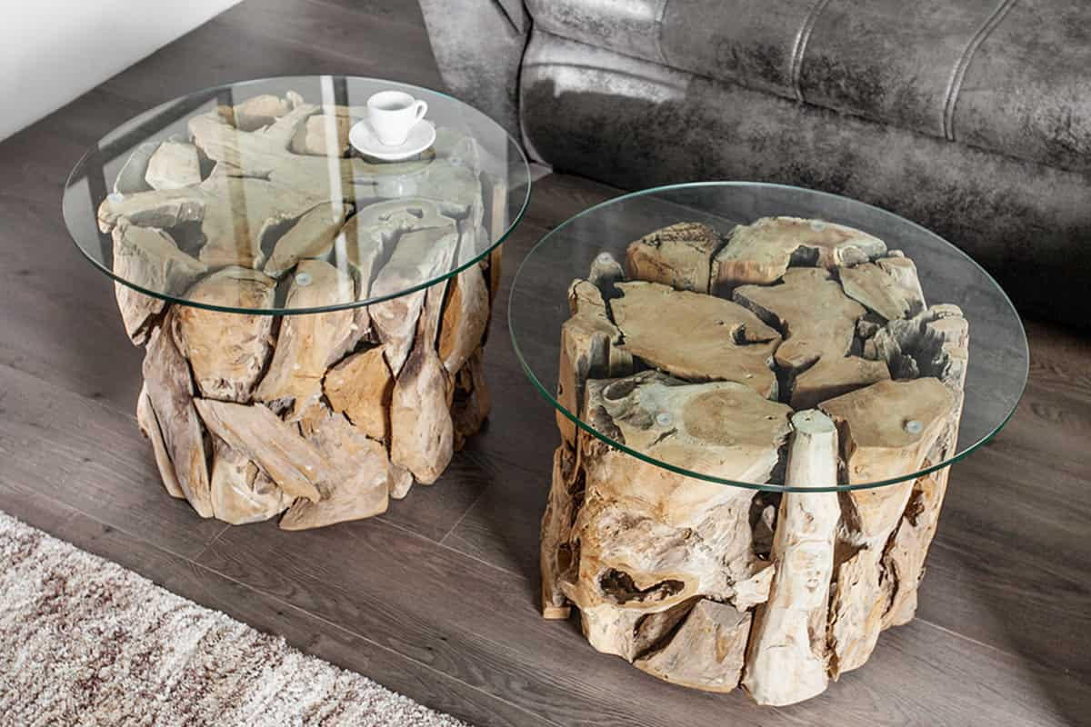 COUCHTISCH RIVERSIDE Teakholz rund Natur|Transparent 60cm - Transparent/Braun, Glas/Holz (60/60/40cm) - riess-ambiente