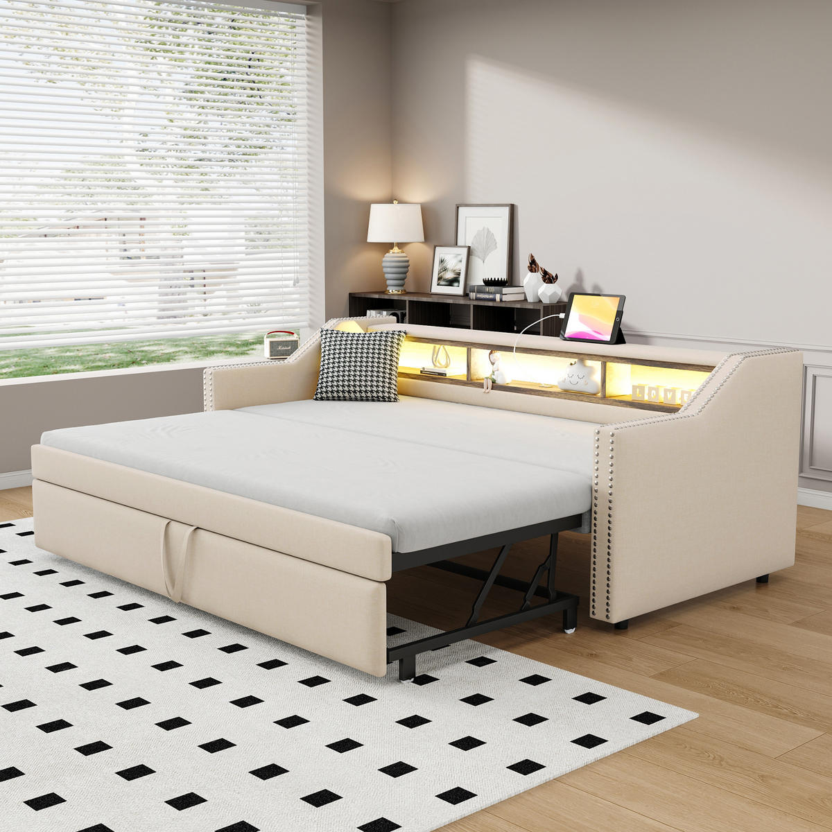 POLSTERBETT Ausziehbares Schlafsofa 90/190 cm und 180/190 cm Staufach mit LED und USB-Buchse aus Leinen - Beige, Textil (90/190cm) - OKWISH