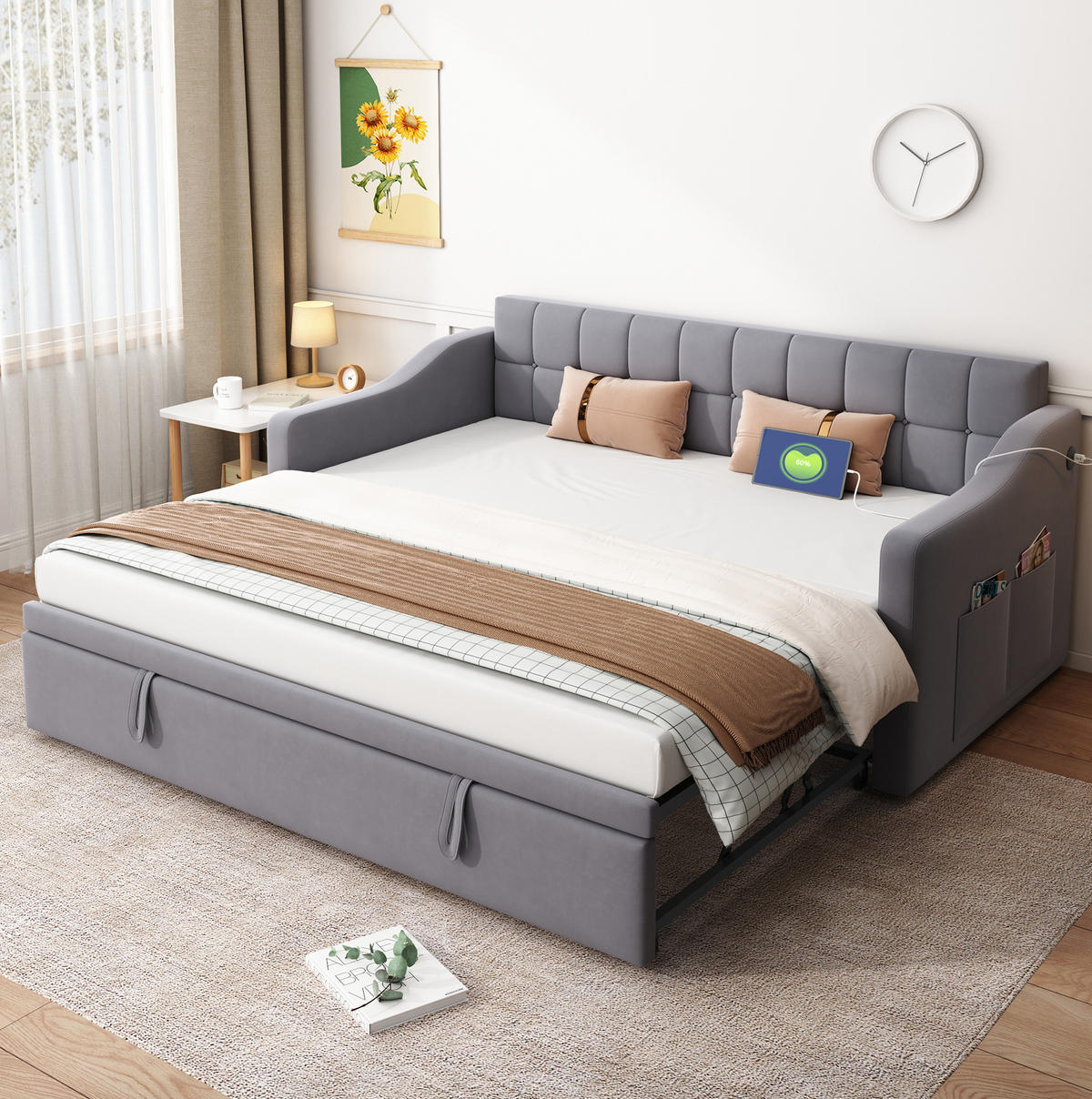POLSTERBETT 90/190 cm Grau Samtstoff mit Steckdosen und Stauraum - Grau, Textil (90/190cm) - OKWISH