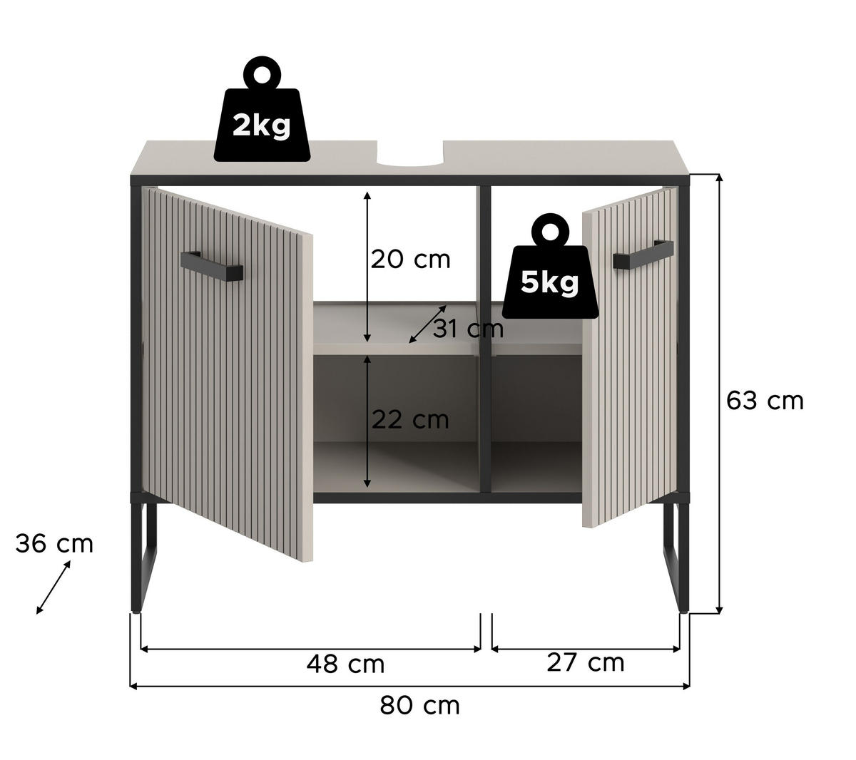 WASCHBECKENUNTERSCHRANK Bagno Bad in Kaschmir Nachbildung und schwarz B/H/T: 80x63x36 cm - Kaschmir, Holzwerkstoff (80/63/36cm)