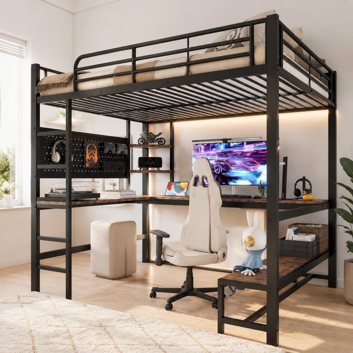 HOCHBETT 140/200 mit LED USB Type-C und Schreibtisch in Schwarz - Schwarz, Holz/Holzwerkstoff (140/200cm) - EVRYAE