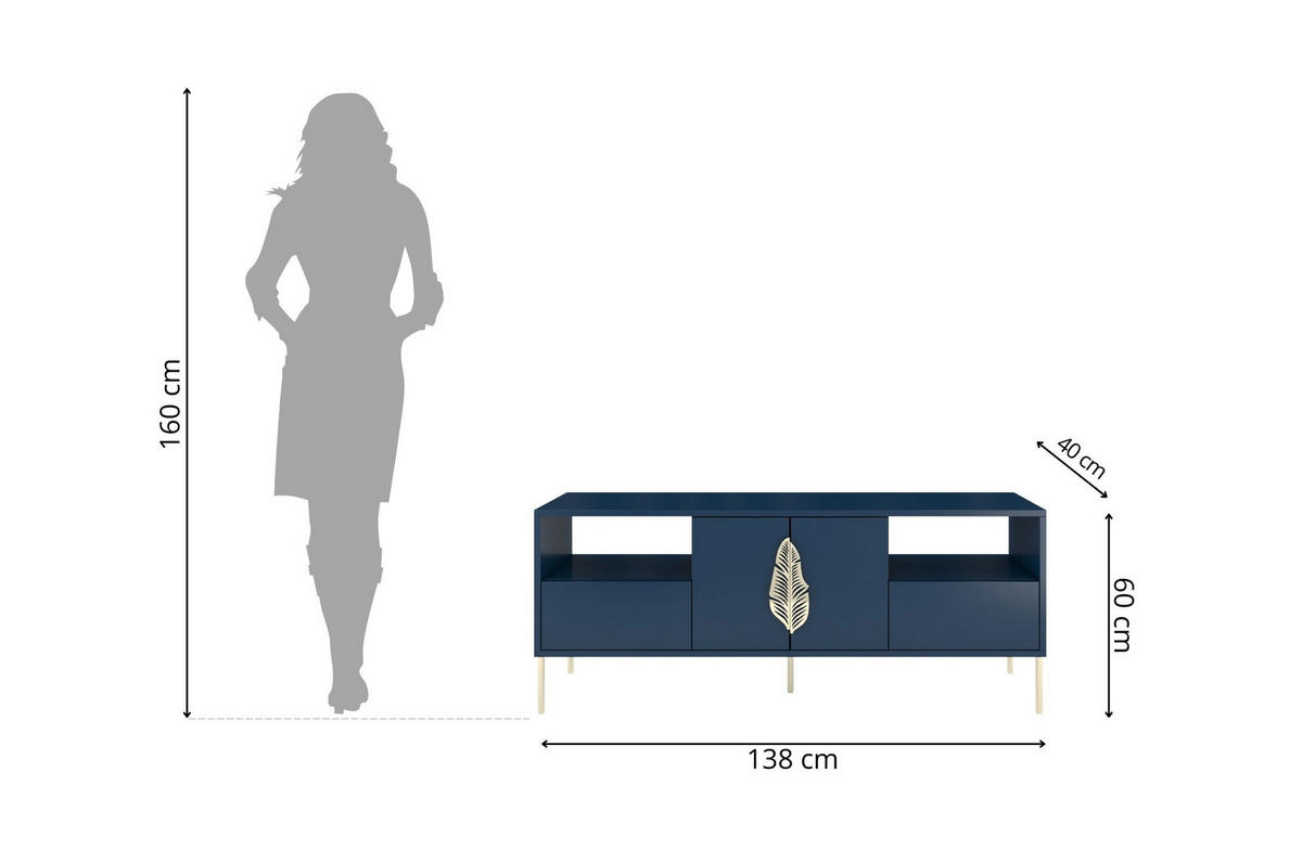 LOWBOARD Merlin, Marinblau, Goldene Details - Goldfarben/Dunkelblau, Holzwerkstoff/Metall (138/60/40cm) - Skandica
