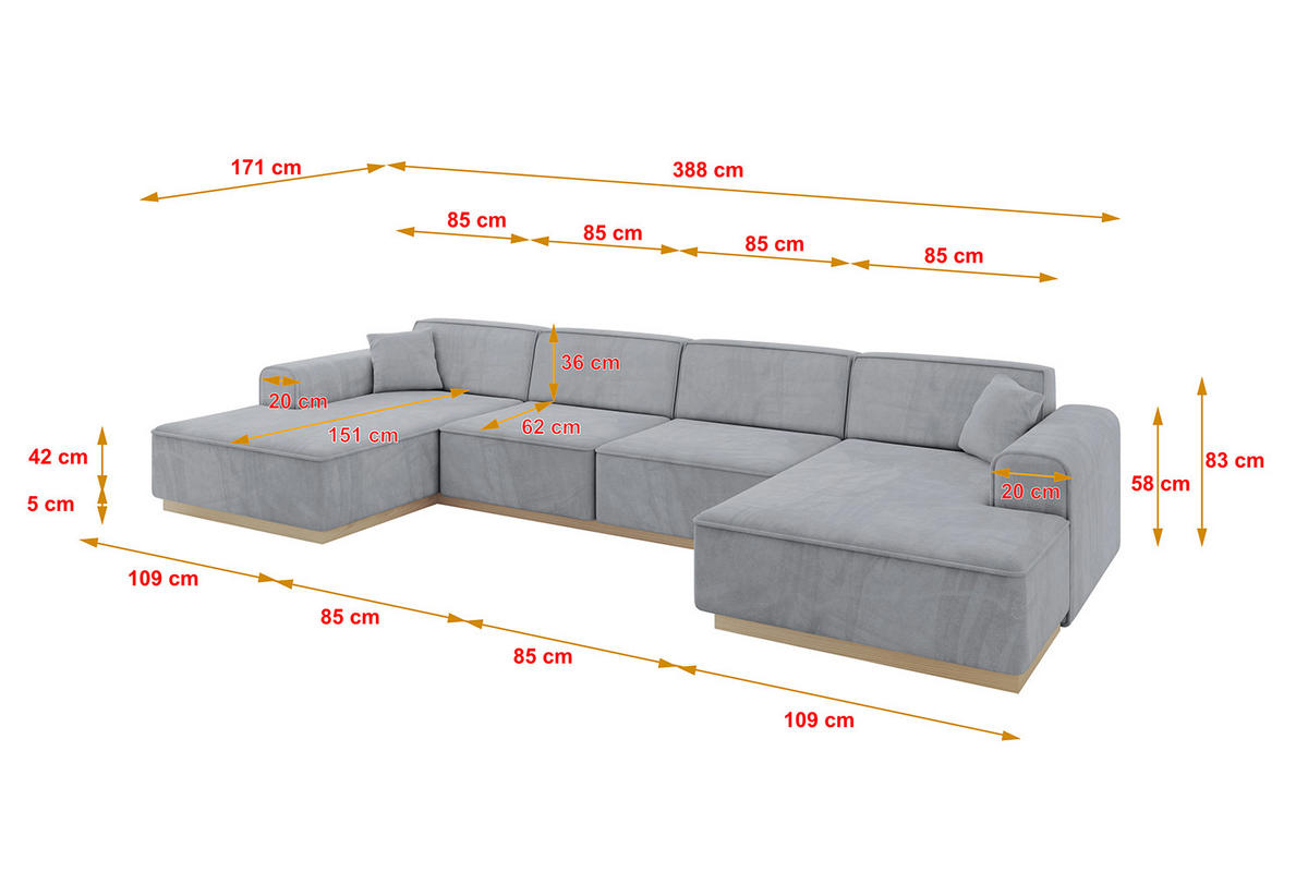 WOHNLANDSCHAFT IREA-U2 - 388x171x83 cm Grau - Titanfarben, Holzwerkstoff/Textil (388/83/171cm) - ALTDECOR