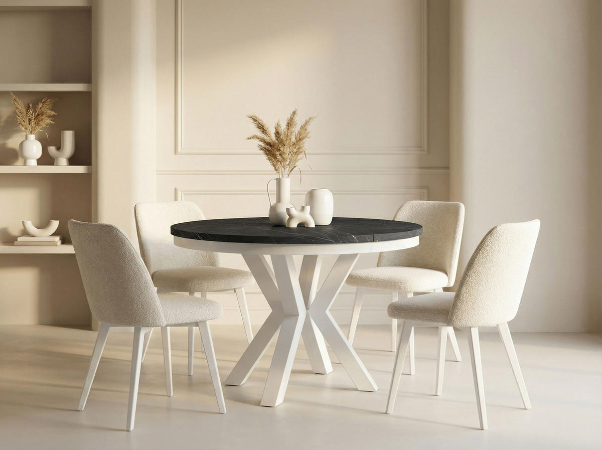 ESSTISCH Clara Weiß runder ausziehbarer, Marmor Schwarz 100-180/100/76 cm - Anthrazit/Weiß, Holzwerkstoff/Metall (100/100/76cm) - WFL GROUP