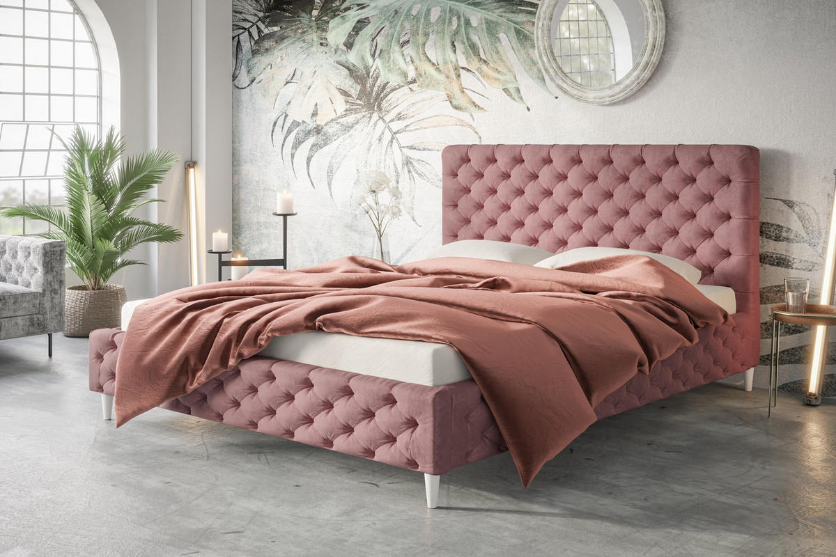 POLSTERBETT LUX Miami mit Kopfteil, 120 x 200 cm, Doppelbett mit Lattenrost aus Holz, Velourstoff Rosa, Füße in Farbe: Weiß - Pink, Holz/Textil (120/200cm) - Alpi-Möbel