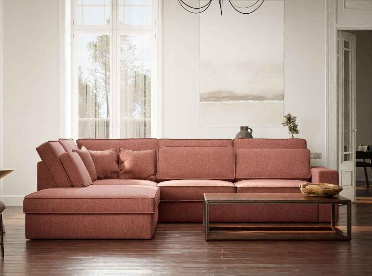 ECKSOFA Kirou Korallenfarbe Webstoff - Links Seite - Koralle/Schwarz, Holz/Holzwerkstoff (225/311cm) - Maison de Reve