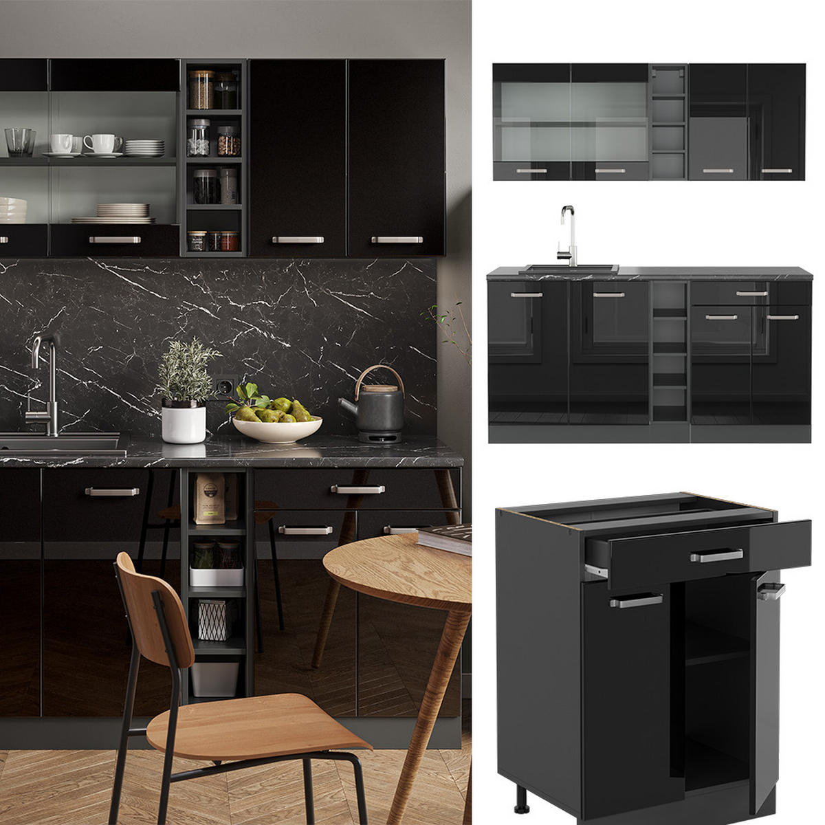 SINGLEKÜCHE R-Line Schwarz Hochglanz/Anthrazit 160 cm ohne AP - Schwarz Hochglanz/Anthrazit, Holzwerkstoff (160/81.6/46cm) - Vicco