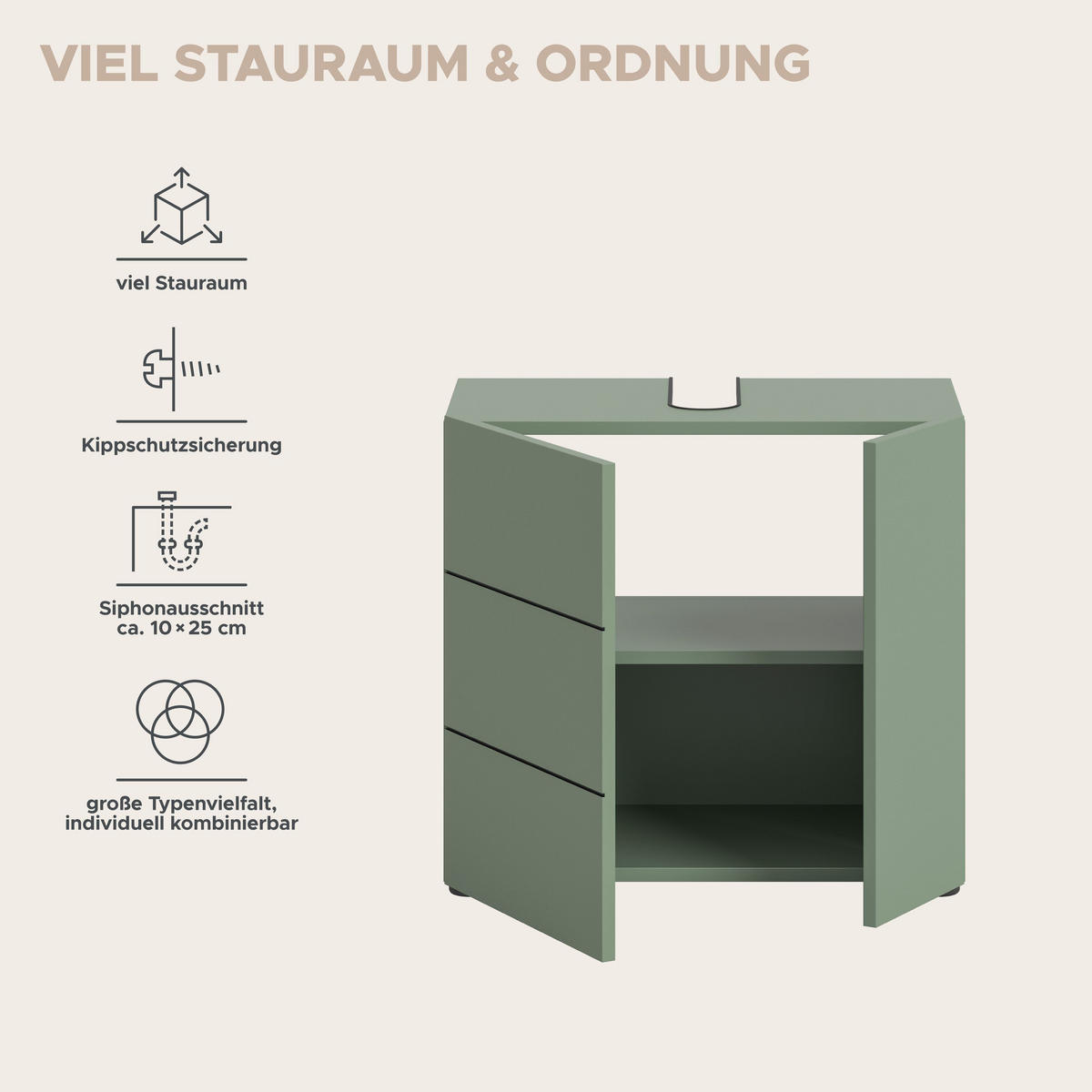 WASCHBECKENUNTERSCHRANK VIRA (B/H/T: ca. 60/57/34 cm) in Smoke Green/Smoke Green - Grün, Holz (60/57/34cm)